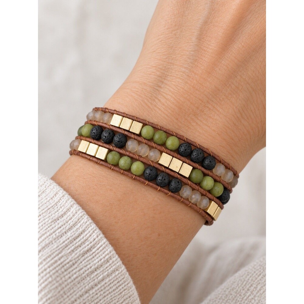 Leather Wrap Aromatherapy Bracelet Boho Gemstone Bohemian extra long w/oil